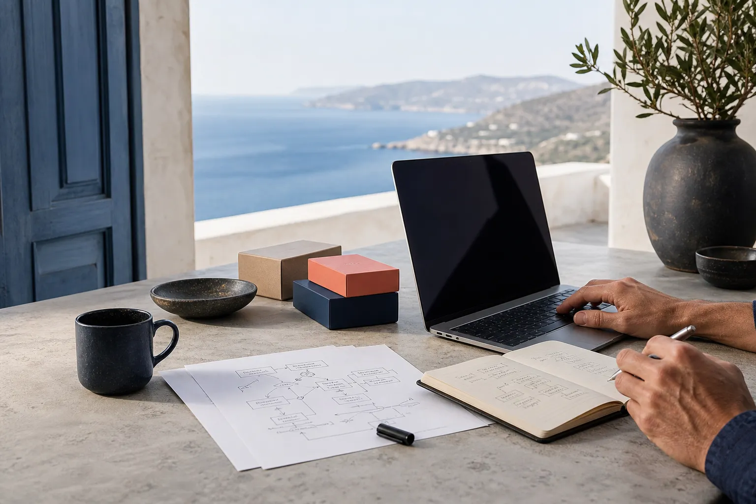 A Mediterranean workspace with a laptop, system diagrams, and planning notes