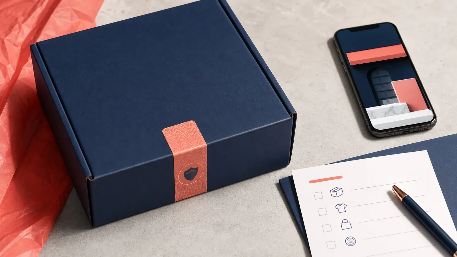 Navy parcel, security seal, checklist, and abstract mobile storefront on a stone desk