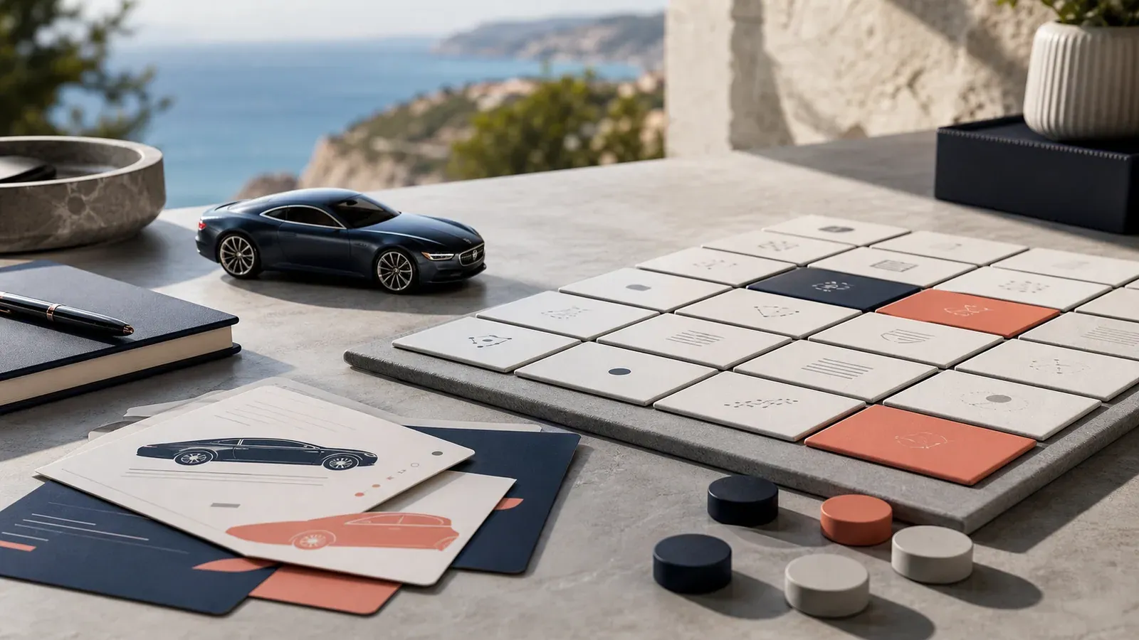 Vehicle cards, model car, and modular database tiles arranged on a planning desk