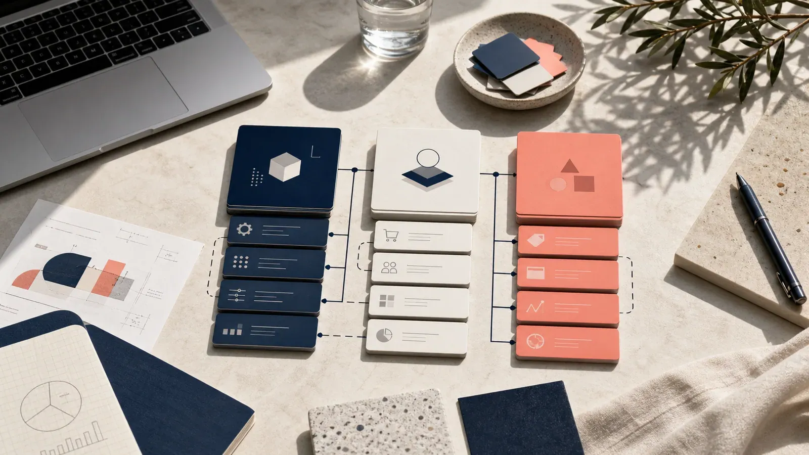 Modular ecommerce system cards arranged in three connected stacks on a sunlit desk