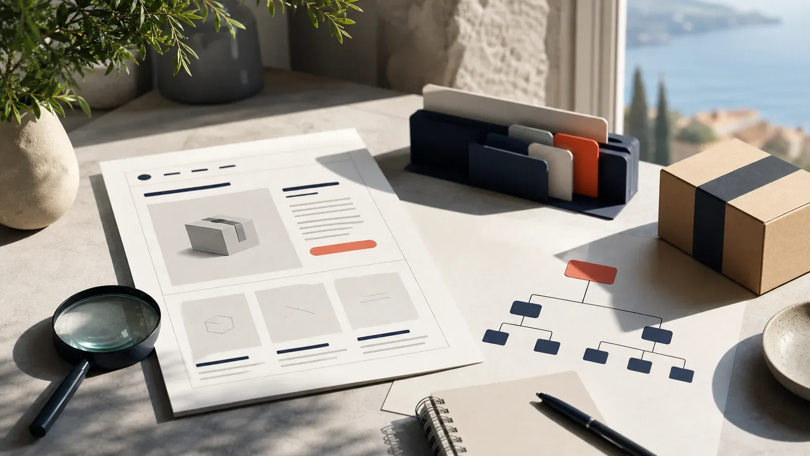 Product page wireframe, content map, parcel, and magnifying glass in a sunlit workspace