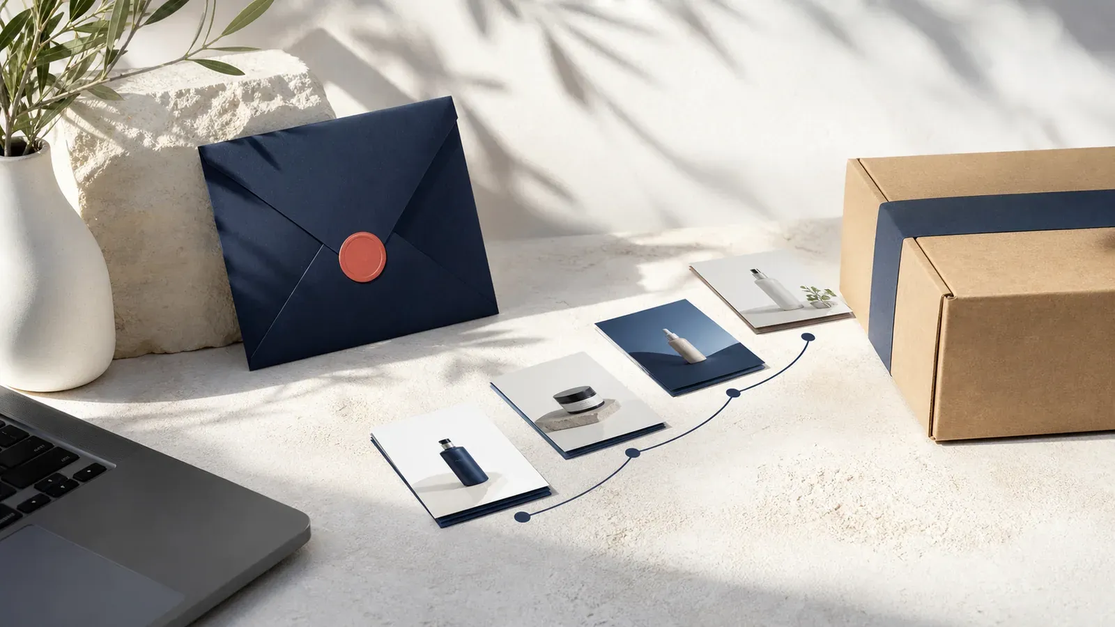 Navy envelope, product cards, laptop, and parcel arranged as a customer journey