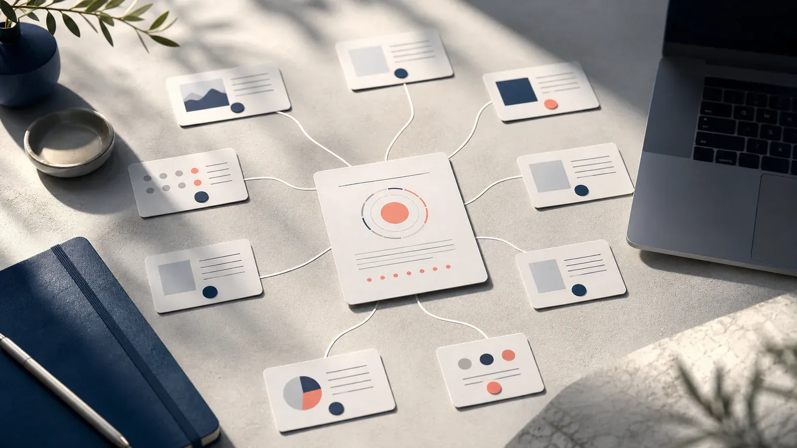 Connected source cards feeding into a central answer card on a sunlit desk