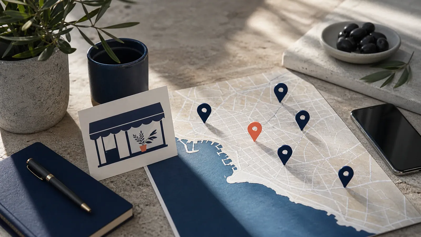 Storefront card and location markers arranged over a Mediterranean city map