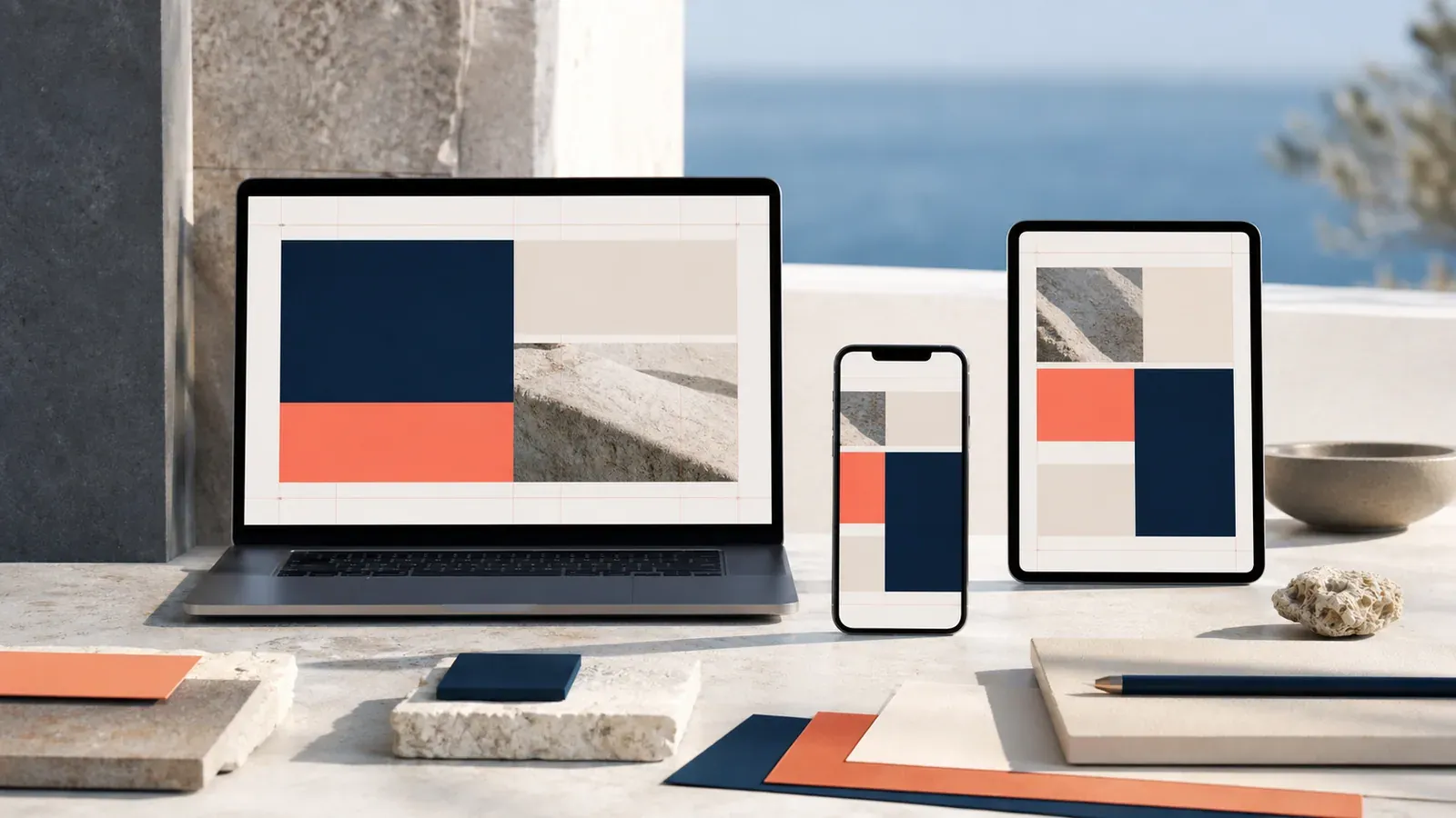 Coordinated abstract layouts displayed across laptop, phone, and tablet screens