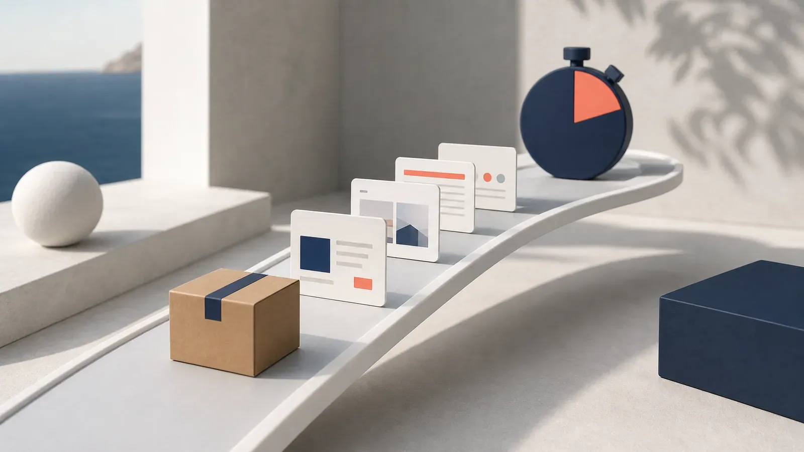 Ecommerce page cards and a parcel moving along a measured performance track