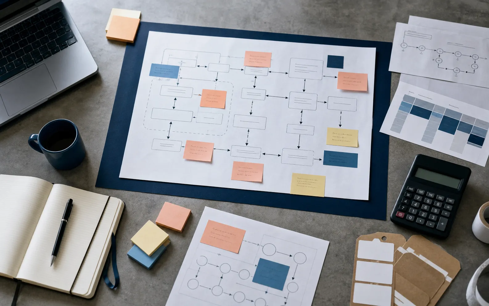 An overhead system map with workflow cards, diagrams, and planning notes