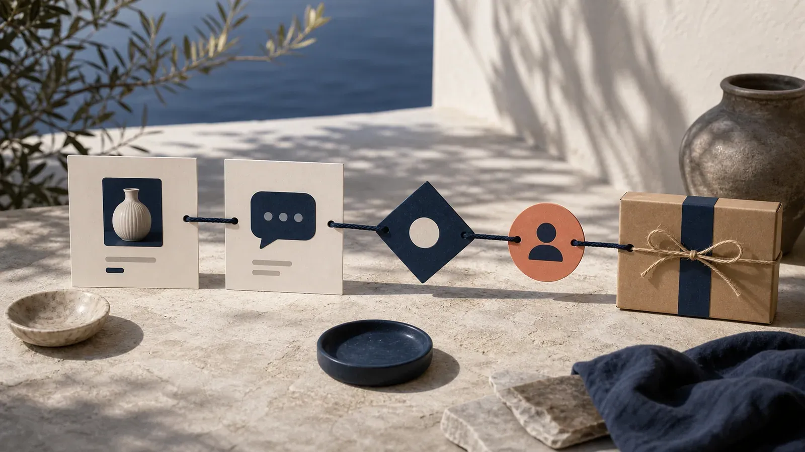 Product, customer request, review, and parcel cards connected in an ecommerce workflow