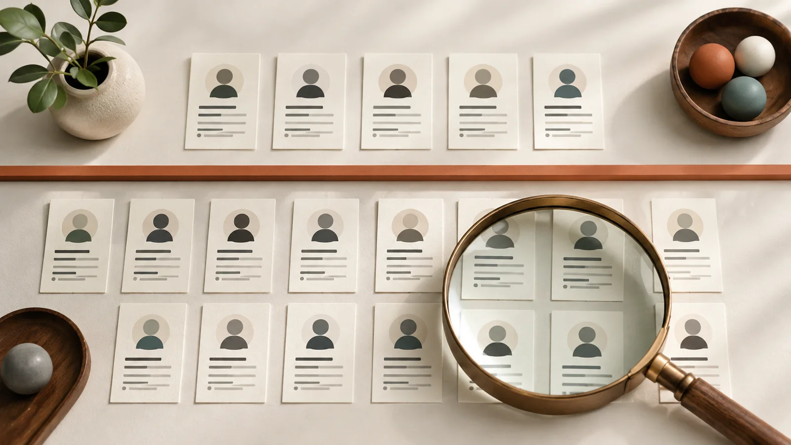 A magnifying glass examines application cards below a selection boundary