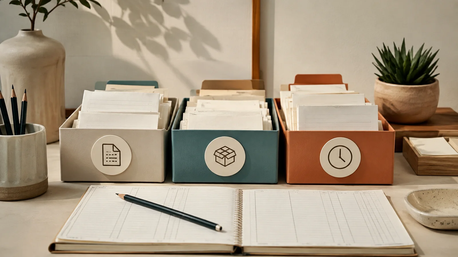 Invoices are sorted into trays marked with order, delivery and waiting symbols