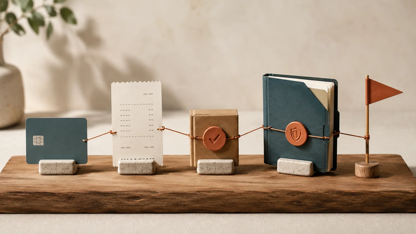 A payment card, receipt, parcel and evidence folder form a dispute timeline