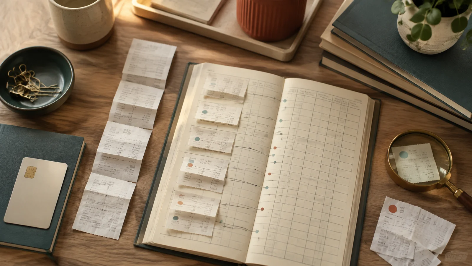 Receipts are matched to ledger entries while a magnifying glass marks items for review